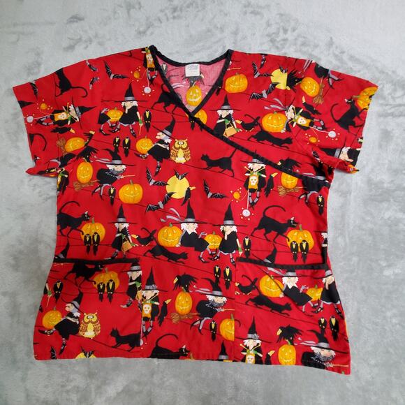 Tafford Womens XL Scrubs Top Halloween Red Black Cat Witch Pumpkin Crow - Picture 1 of 10